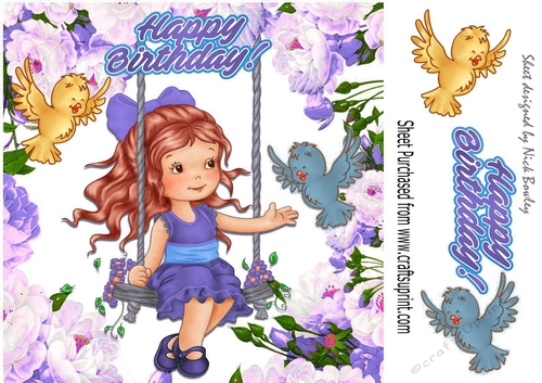 little girl on a swing in flower frame with blue bird 8x8