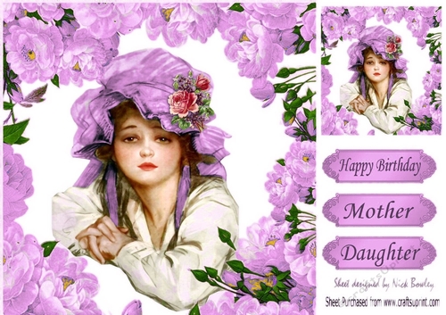 pretty vintage girl in lilac bonnet with  blue peonies 8x8