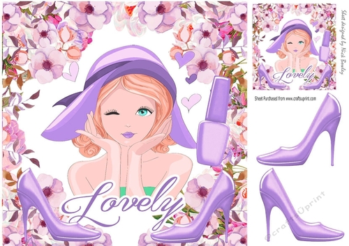 lovely lady in hat with  purple shoes in flower frame 8x8