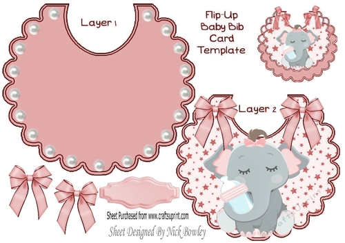 cute flip baby girls bib with elephant and pink bows