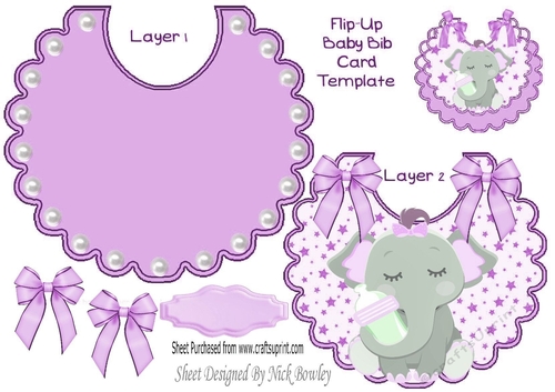 cute flip baby girls bib with elephant and lilac pretty bows