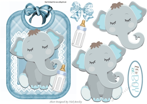 cute little elephant with bottle on blue bib with blue gingham bow