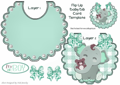 cute flip baby boys bib with elephant and turq gingham bows