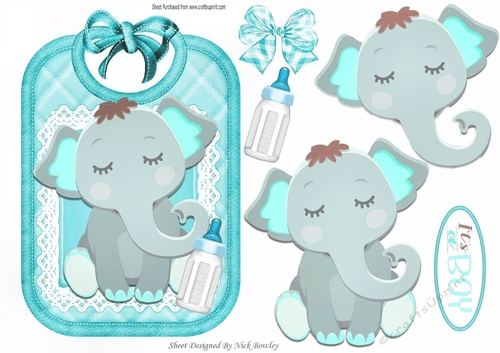  baby boys bib with cute sleepy ele and turq gingham bow