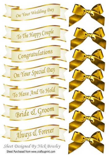 Cream and Gold Wedding sentiment banners with gold satin bows
