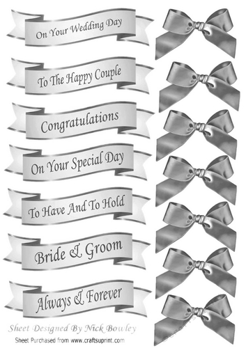 Silver Wedding sentiment banners with silver satin bows