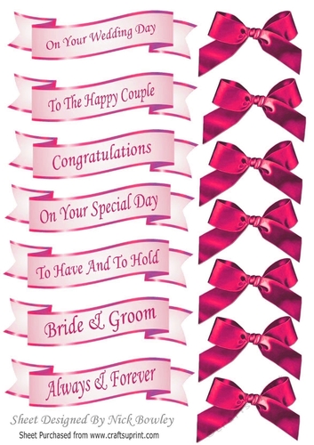 pink Wedding sentiment banners with pink satin bows