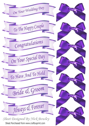 Lilac Wedding sentiment banners with purple satin bows