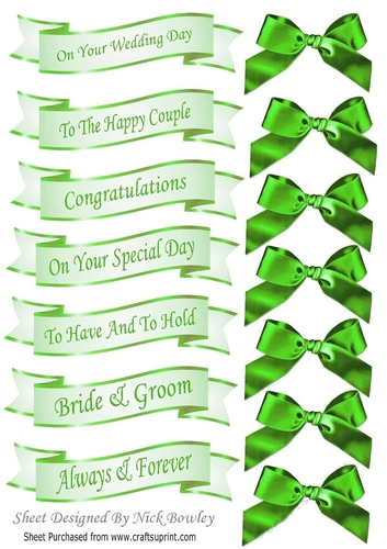 Green Wedding sentiment banners with green satin bows