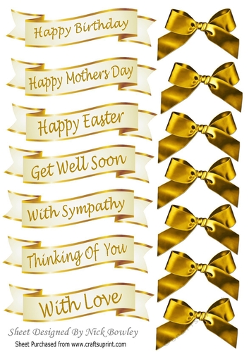 Cream and Gold mixed sentiment banners with gold satin bows