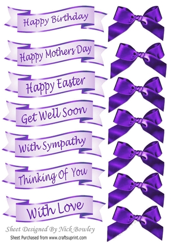 purple mixed sentiment banners with purple satin bows