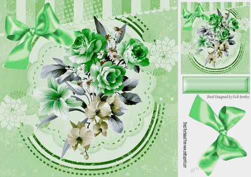 pretty painted green & cream roses with bow 8x8
