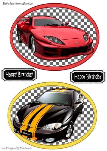 two car toppers with tags on checkered  backgrounds (red)