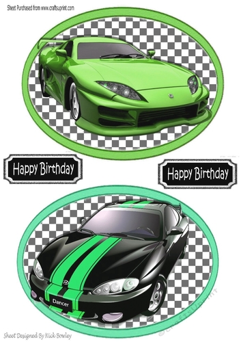 two car toppers with tags on checkered  backgrounds (green)