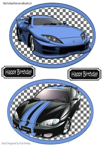 two car toppers with tags on checkered  backgrounds (blue)