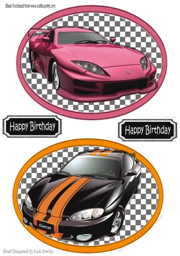 two car toppers with tags on checkered  backgrounds (orange)