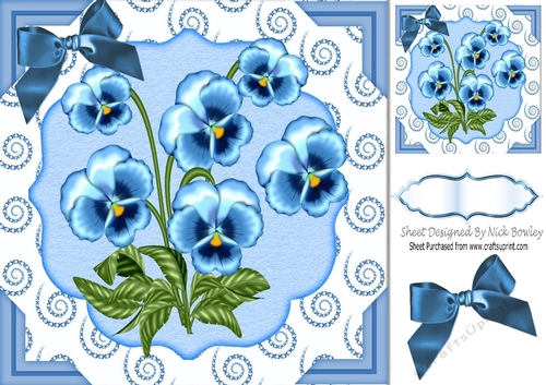 pretty blue pansies with diamond swirl 8x8 frame & bow