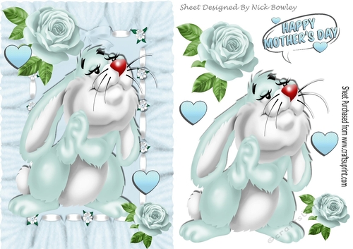 Cute blue bunny with roses & hearts for mothers day A5