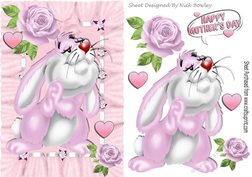 Cute pink bunny with roses & hearts for mothers day A5