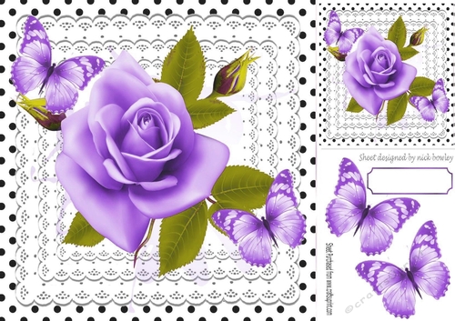 pretty purple roses on lace with butterflies and black polkadot 8x8