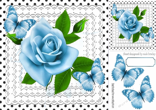 pretty blue roses on lace with butterflies and black polkadot 8x8