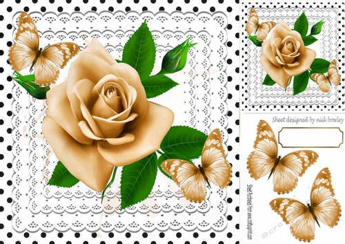 pretty gold roses on lace with butterflies and black polkadot 8x8