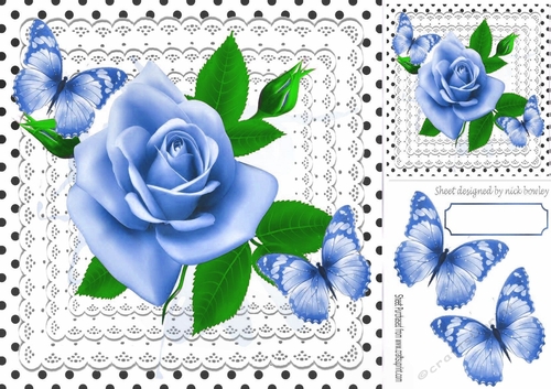 lovely shades of blue roses on lace with butterflies and black polkadot 8x8