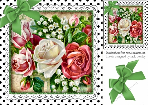 roses on lace with green bow and polkadot 8x8