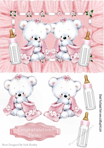 Congratulations twins (pink)! cute baby bears with snuggle blankets