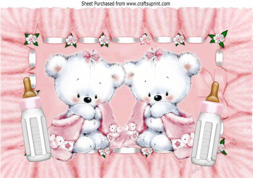Congratulations twins (pink)! cute baby bears with snuggle blankets A4