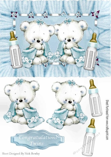 Congratulations twins (blue)! cute baby bears with snuggle blankets
