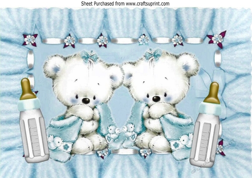 Congratulations twins (blue)! cute baby bears with snuggle blankets A4
