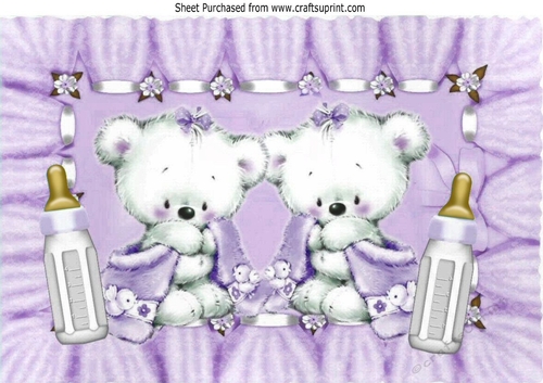Congratulations twins (lilac)! cute baby bears with snuggle blankets A4