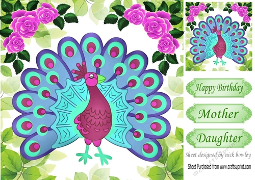 pretty peacock with pink corner roses 8x8
