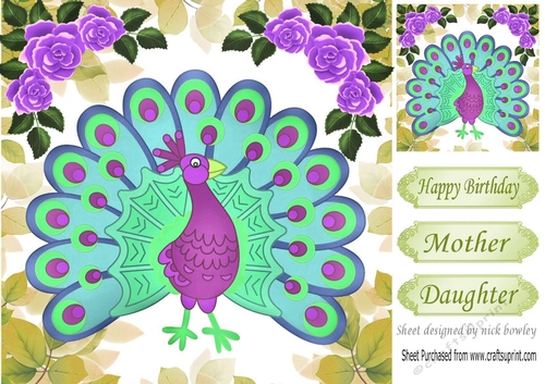 pretty peacock with purple corner roses 8x8
