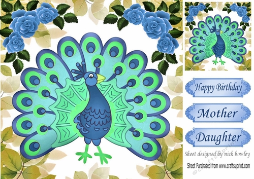 pretty peacock with blue corner roses 8x8
