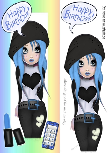 Birthday Girl with blue hair in tall Rainbow DL frame