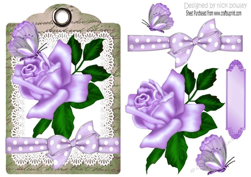 Pretty purple rose and butterflies on a tag