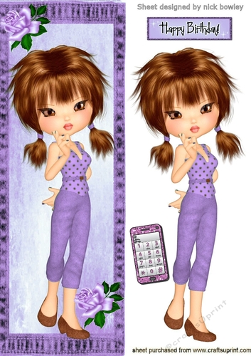 pretty girl in purple with roses (two) with her mobile phone tall DL