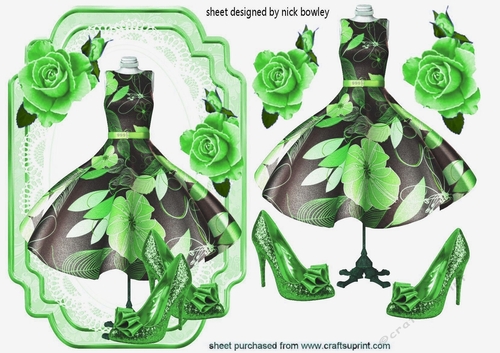 pretty dress & accessories in green with roses on lace A5