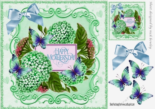 Pretty card with hydrangeas and butterflies for MOTHERS DAY (green) 8x8