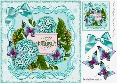 Pretty card with hydrangeas and butterflies for MOTHERS DAY (turq) 8x8