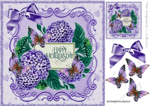 Pretty card with hydrangeas and butterflies for MOTHERS DAY (purple) 8x8