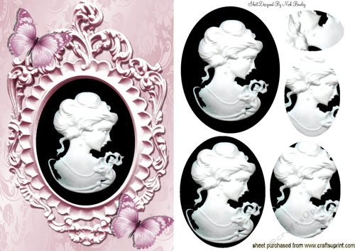 Pretty pink butterflies adorn a cameo lady silhouette with oval pyramids