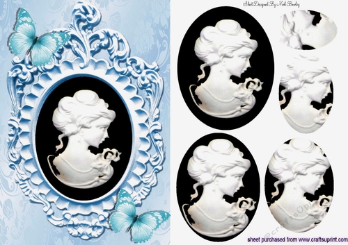 Pretty blue butterflies adorn a cameo lady silhouette with oval pyramids