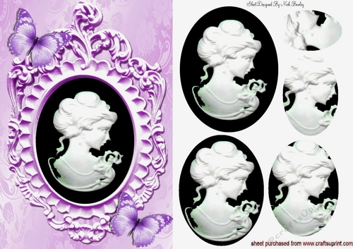 Pretty lilac butterflies adorn a cameo lady silhouette with oval pyramids