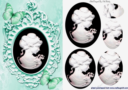 Pretty turq butterflies adorn a cameo lady silhouette with oval pyramids