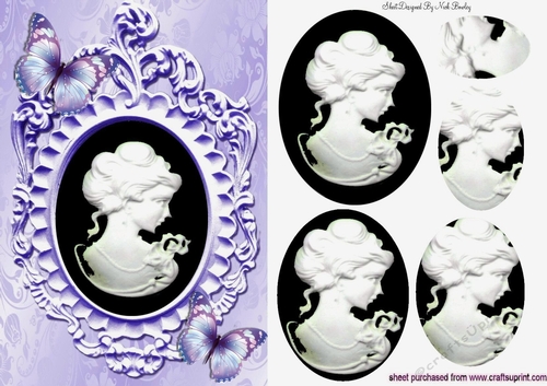 Pretty purple butterflies adorn a cameo lady silhouette with oval pyramids