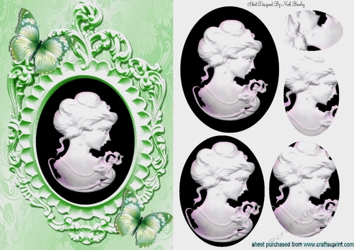 Pretty green butterflies adorn a cameo lady silhouette with oval pyramids