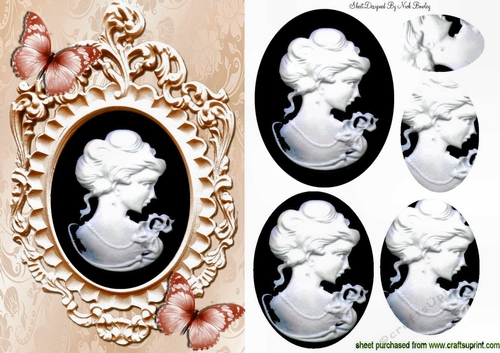 Pretty peach butterflies adorn a cameo lady silhouette with oval pyramids